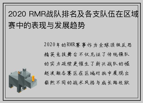 2020 RMR战队排名及各支队伍在区域赛中的表现与发展趋势
