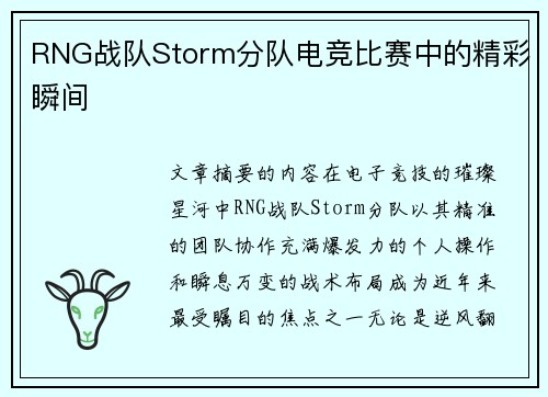 RNG战队Storm分队电竞比赛中的精彩瞬间