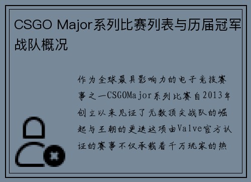 CSGO Major系列比赛列表与历届冠军战队概况